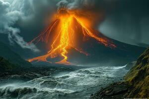 ai gerado panorama com uma vulcânico erupção e fluxos do quente lava contra a pano de fundo do uma montanha rio foto