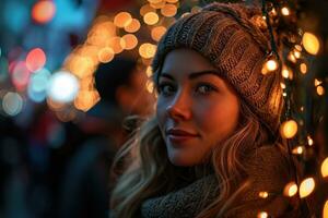 ai gerado retrato do jovem mulher ao ar livre dentro inverno cidade contra a fundo do uma Natal árvore com uma brilhando festão foto