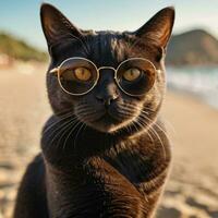 ai gerado uma britânico cabelo curto gato vestindo oculos de sol em a de praia foto