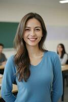 ai gerado uma lindo sorridente fêmea professor vestindo azul grandes mangas dentro uma Sala de aula foto