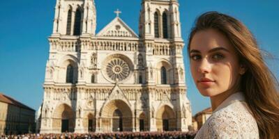 ai gerado uma lindo jovem mulher dentro frente do catedral foto