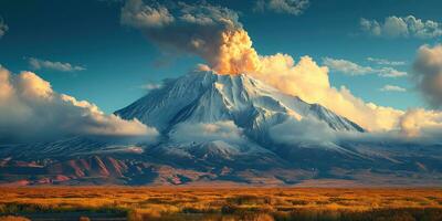 ai gerado lindo panorama com a em erupção vulcão em horizonte foto