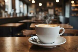 ai gerado uma copo do café senta em uma mesa dentro frente do uma café fazer compras foto