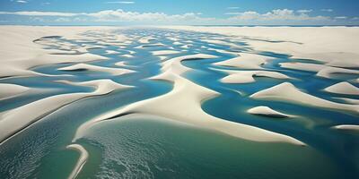aéreo Visão do lagoas entre dunas dentro deserto depois de chuva foto