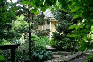 casa de chá atrás sombrio vegetação dentro uma japonês jardim foto