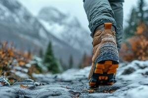 ai gerado caminhada chuteiras em a pés do uma caminhante caminhando através a inverno montanhas, fechar-se foto