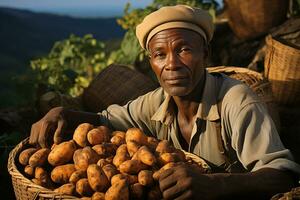 ai gerado homem agricultor com colhido doce batatas foto