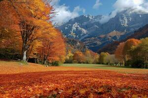 ai gerado outono natural panorama com vermelho folhagem e montanhas foto
