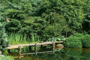 japonês jardim com uma ziguezague ponte sobre uma lagoa foto