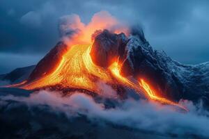 ai gerado fechar Visão do uma vulcânico erupção com lava fluxos foto