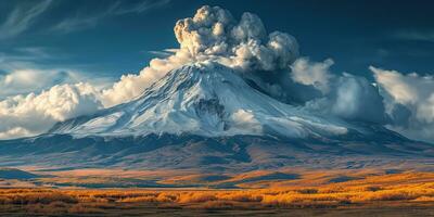 ai gerado lindo panorama com a fumar vulcão em horizonte foto