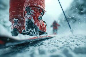 ai gerado pernas do uma esquiador em esquis durante uma queda de neve, fechar-se foto