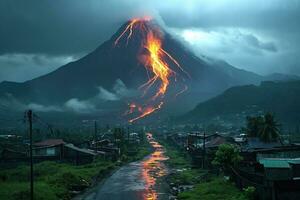 ai gerado panorama com uma perigoso vulcânico erupção perto a Vila foto