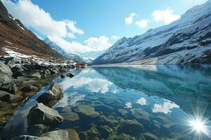 ai gerado mais puro terras altas lago com Claro fresco água entre Nevado montanha gamas foto