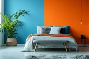 ai gerado cama e Banco contra laranja e azul parede foto