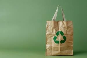 ai gerado papel saco com uma reciclar símbolo em verde fundo foto