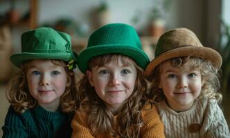 ai gerado três crianças estão feliz e posando para st patrick's dia fotos