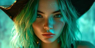 ai gerado uma jovem mulher com verde cabelo com uma chapéu em dela cabeça foto