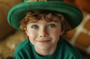 ai gerado pequeno Garoto dentro verde duende chapéu sorridente duende foto