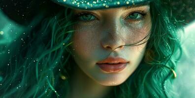 ai gerado uma jovem mulher com verde cabelo com uma chapéu em dela cabeça foto