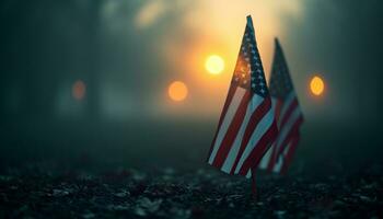 ai gerado americano bandeiras às nascer do sol contra enevoado fundo foto