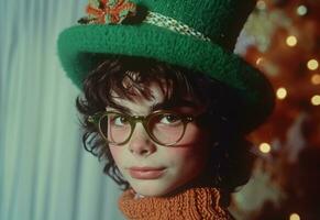 ai gerado verde st patrick's dia grego Garoto com óculos e verde chapéu foto