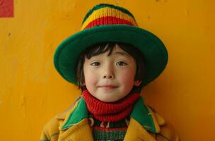 ai gerado uma criança vestindo verde e vermelho chapéu Garoto foto
