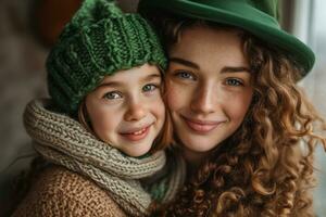 ai gerado uma mulher e criança abraçando e sorridente para st patrick's dia foto