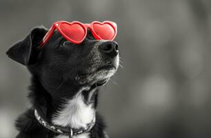 ai gerado uma cachorro e uma coração com vermelho coração óculos olhando acima foto