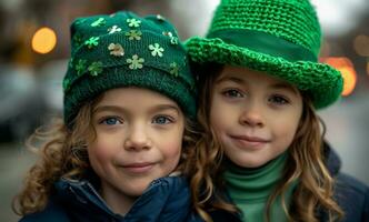 ai gerado crianças dentro verde fantasias posando para uma foto em st patricks feriado