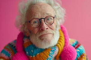 ai gerado Mais velho homem vestindo óculos dentro uma alegre suéter com Rosa pompom foto