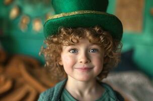 ai gerado pequeno Garoto dentro verde duende chapéu sorridente duende foto