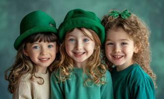 ai gerado três crianças estão feliz e posando para st patrick's dia fotos