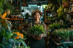 ai gerado imagem do uma vendas Gerente dentro uma loja vendendo plantas em a chão foto