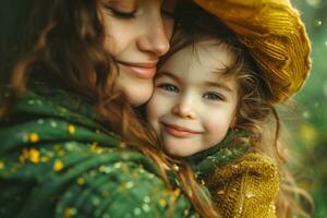 ai gerado uma mulher e criança abraçando e sorridente para st patrick's dia foto