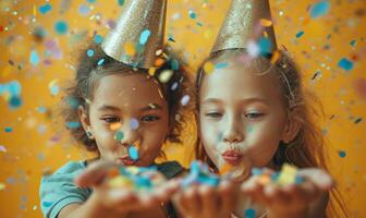 ai gerado pequeno meninas com festa chapéus sopro confete foto