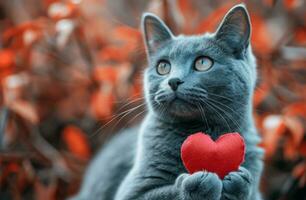 ai gerado uma cinzento gato segurando uma vermelho coração foto