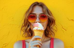 ai gerado uma jovem mulher vestindo oculos de sol comendo uma cone do gelo creme foto