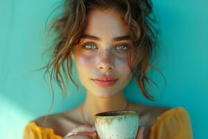 ai gerado mulher segurando uma copo do café foto