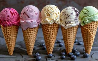 ai gerado com sabor gelo creme cones estão agrupado juntos foto