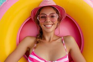 ai gerado feliz menina posando com inflável piscina anel verão Diversão foto
