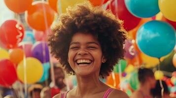 ai gerado menina com afro rindo dentro frente do colorida balões e pessoas às uma festival foto