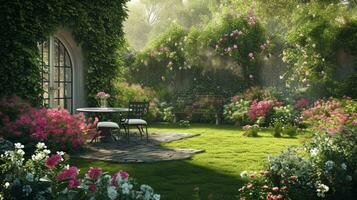 ai gerado a idílico jardim configuração com florescendo flores, fornecendo uma pitoresco tela de pintura para publicidade elegância foto