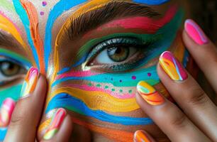 ai gerado fêmea com multicolorido unhas e uma pintado face, foto