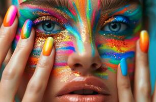 ai gerado fêmea com multicolorido unhas e uma pintado face, foto