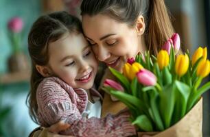 ai gerado amoroso mães com apresenta com tulipas e ramalhete foto