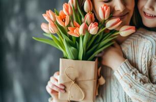 ai gerado amoroso mães com apresenta com tulipas e ramalhete foto