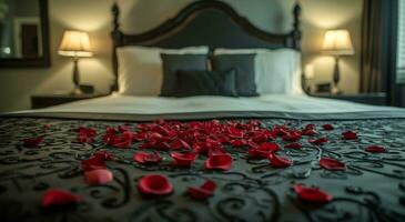 ai gerado amor dentro a manhã hotel hotel Preto pétalas em a cama foto