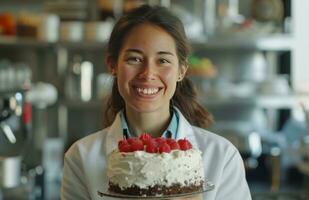 ai gerado fêmea cientista tendo aniversário com aniversário com bolo dentro mão cientista foto