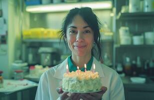 ai gerado fêmea cientista tendo aniversário com aniversário com bolo dentro mão cientista foto